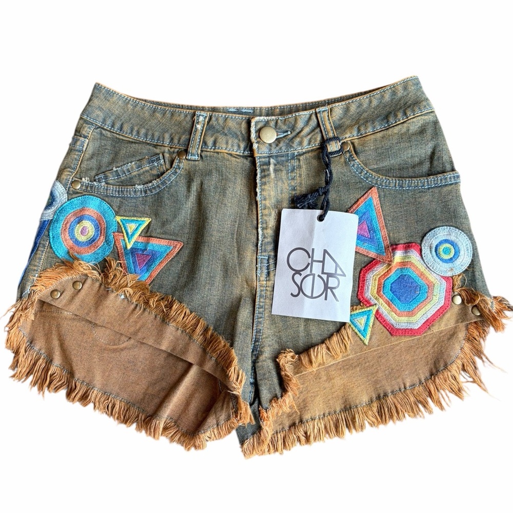 Chaser Boho Embroidered Denim Fringe Shorts Geometric Festival NWT Size 26